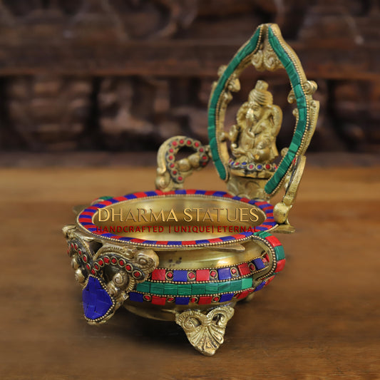 Brass Ganesh with Frame Diya Urli, Golden & Stonework, 8.5"