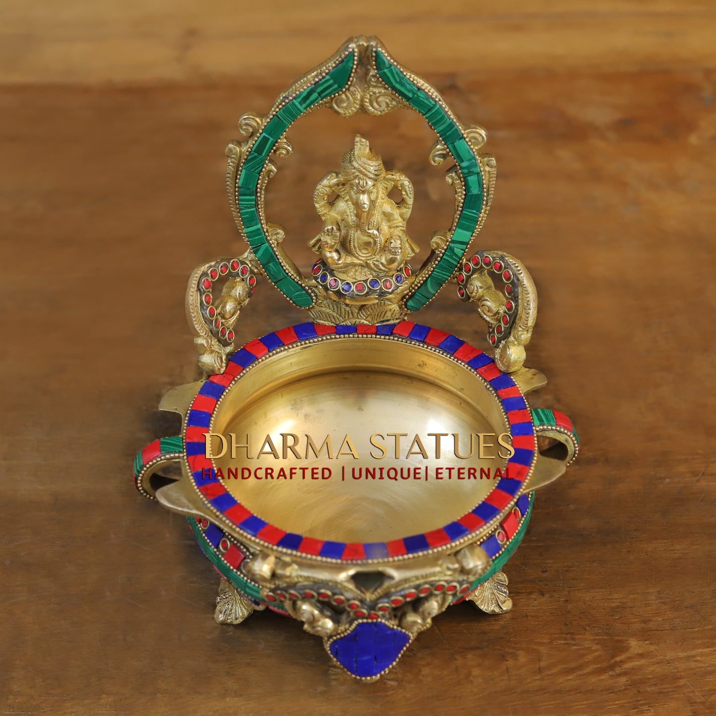 Brass Ganesh with Frame Diya Urli, Golden & Stonework, 8.5"