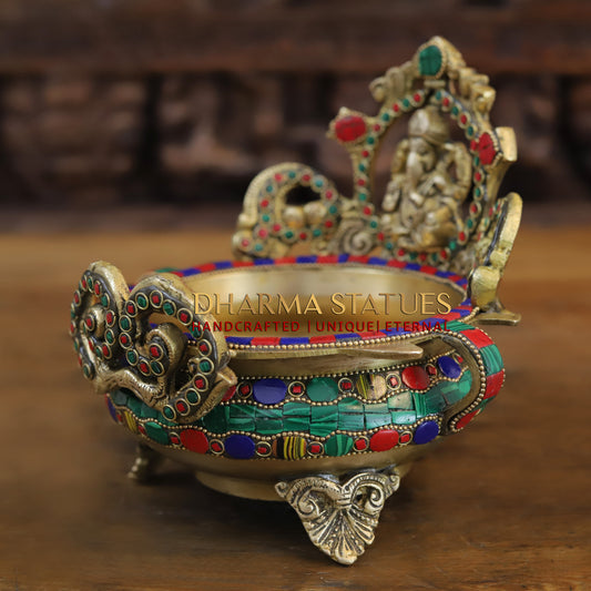 Brass Ganesh with Frame Diya Urli, Golden & Stonework, 7"