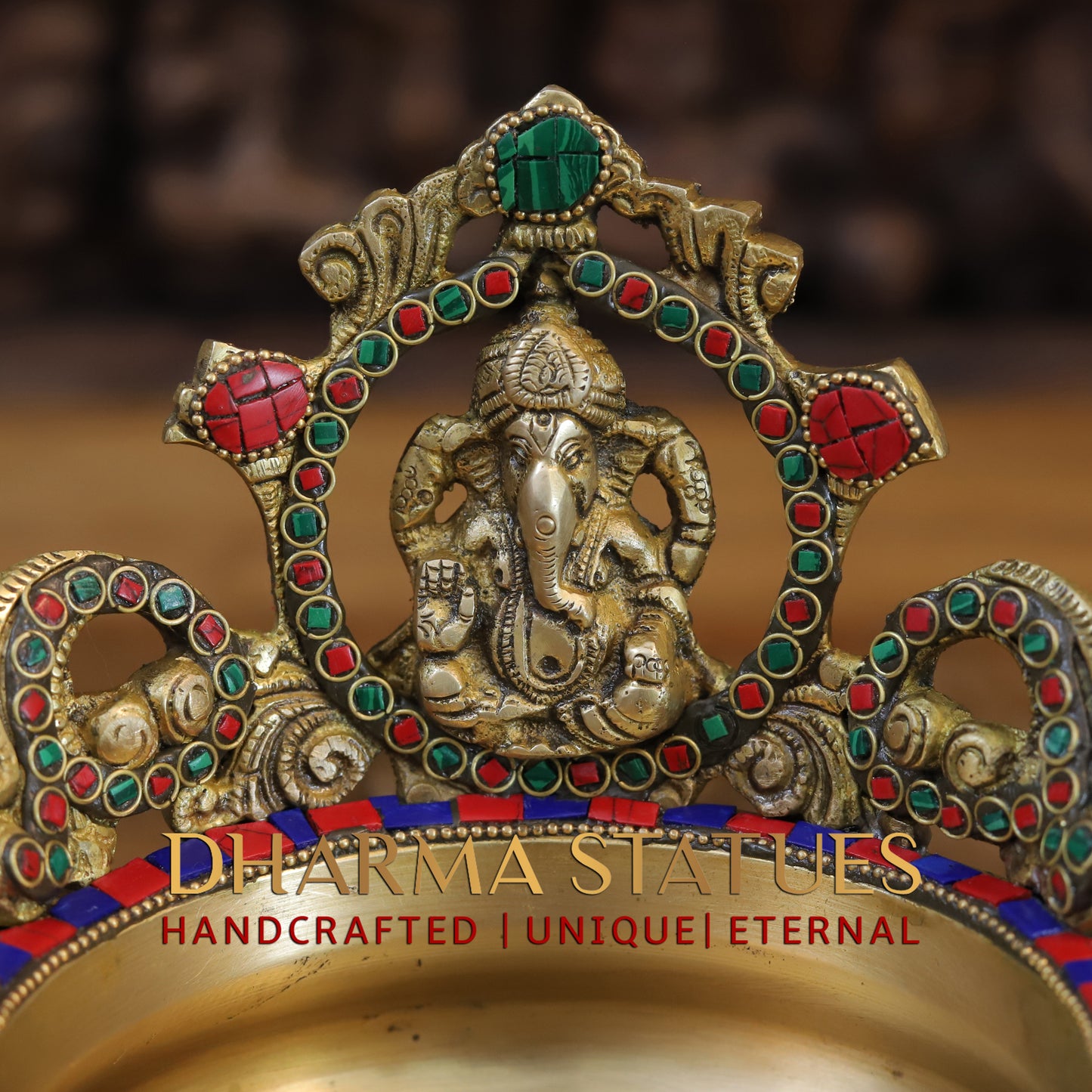 Brass Ganesh with Frame Diya Urli, Golden & Stonework, 7"