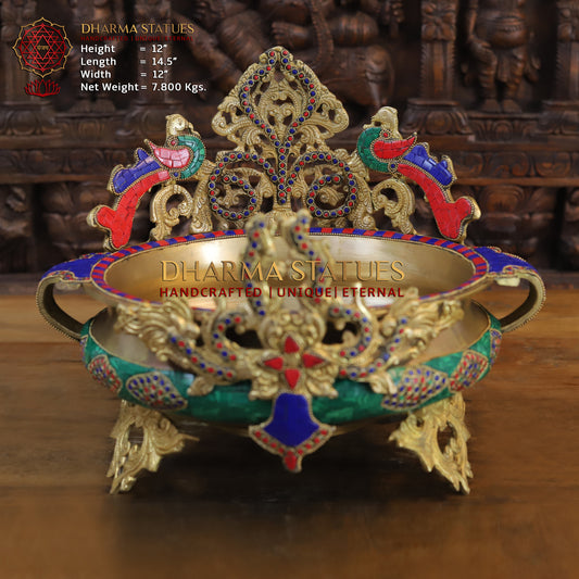 Brass Peacock Diya Urli, Golden & Stonework, 12"