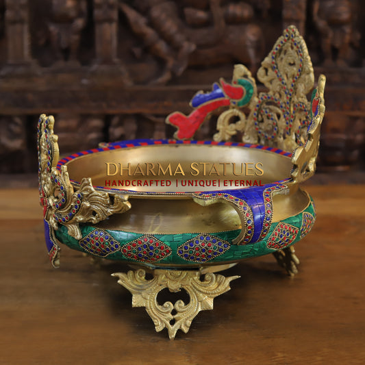Brass Peacock Diya Urli, Golden & Stonework, 12"