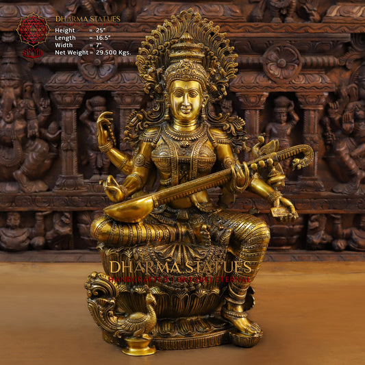 Brass Saraswati, Fine Golden Finish, 25"