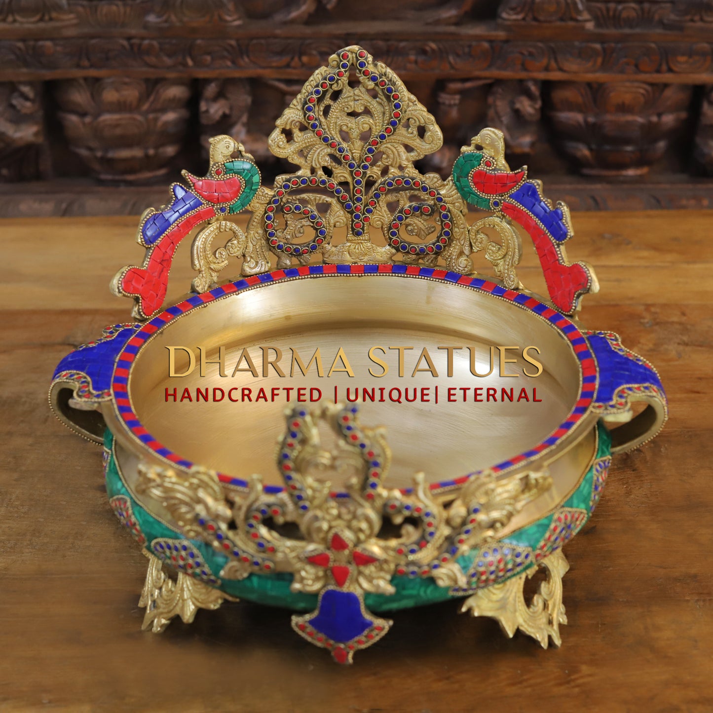 Brass Peacock Diya Urli, Golden & Stonework, 12"