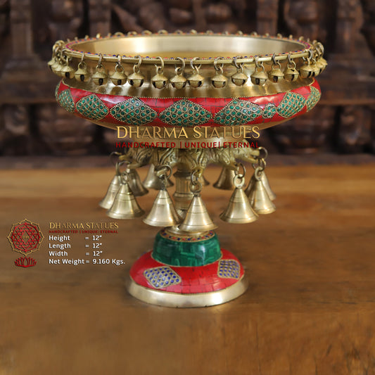 Brass Urli with Bells, Golden & Stonework, 12"