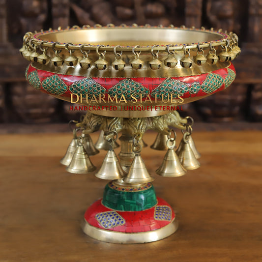 Brass Urli with Bells, Golden & Stonework, 12"