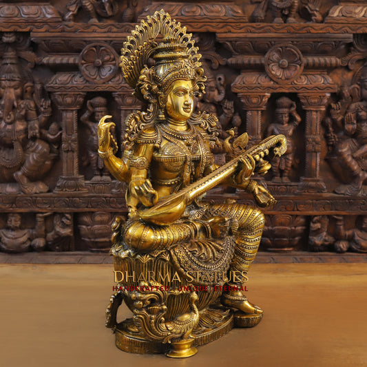 Brass Saraswati, Fine Golden Finish, 25"