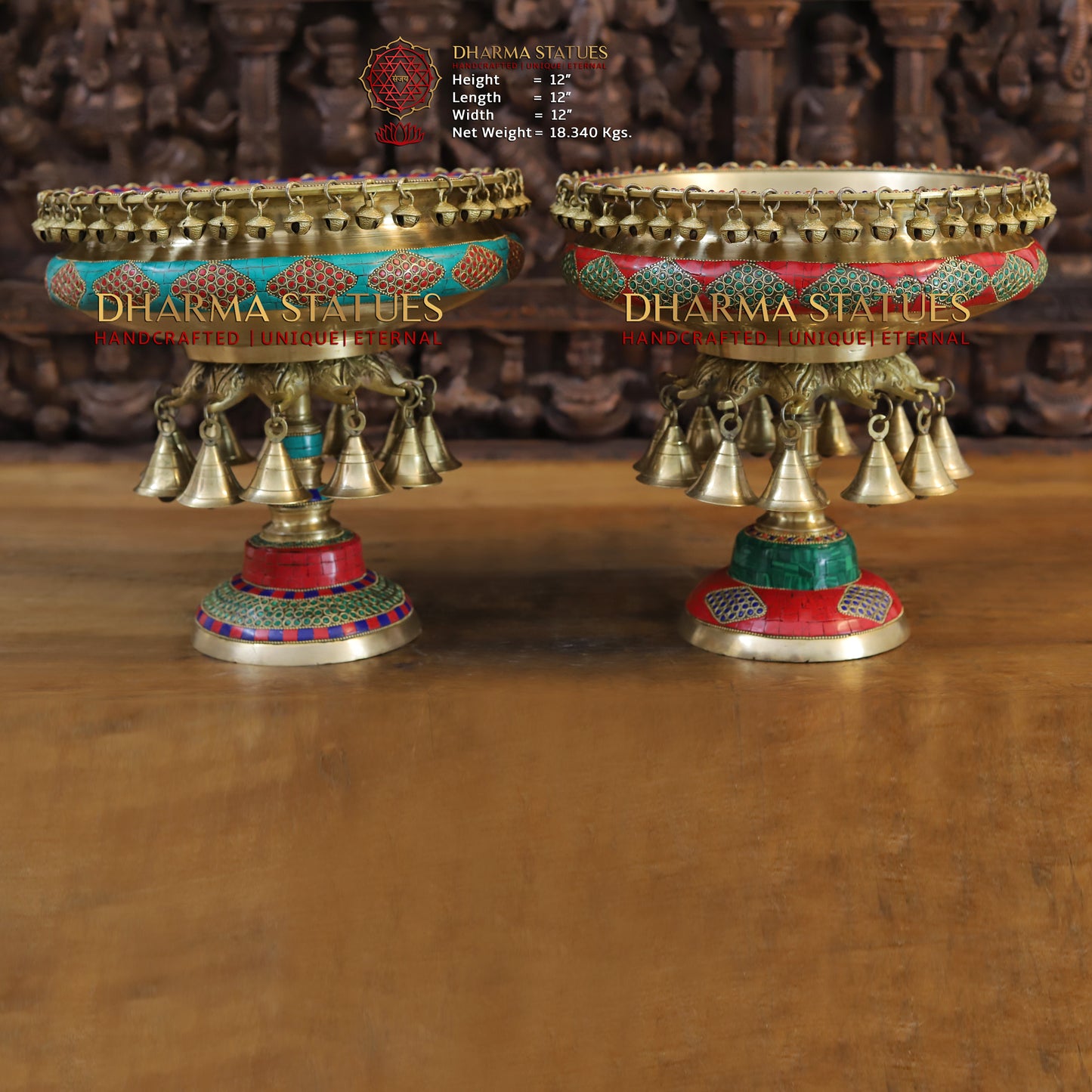 Brass Urli with Bells, Golden & Stonework, 12"