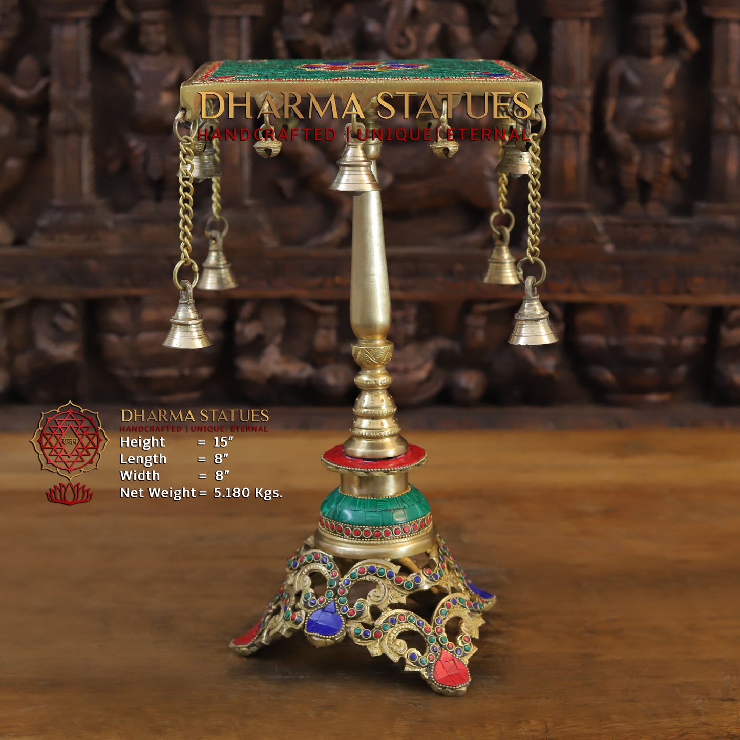 Brass Table with Hanging Bells, Golden & Stonework, 15"