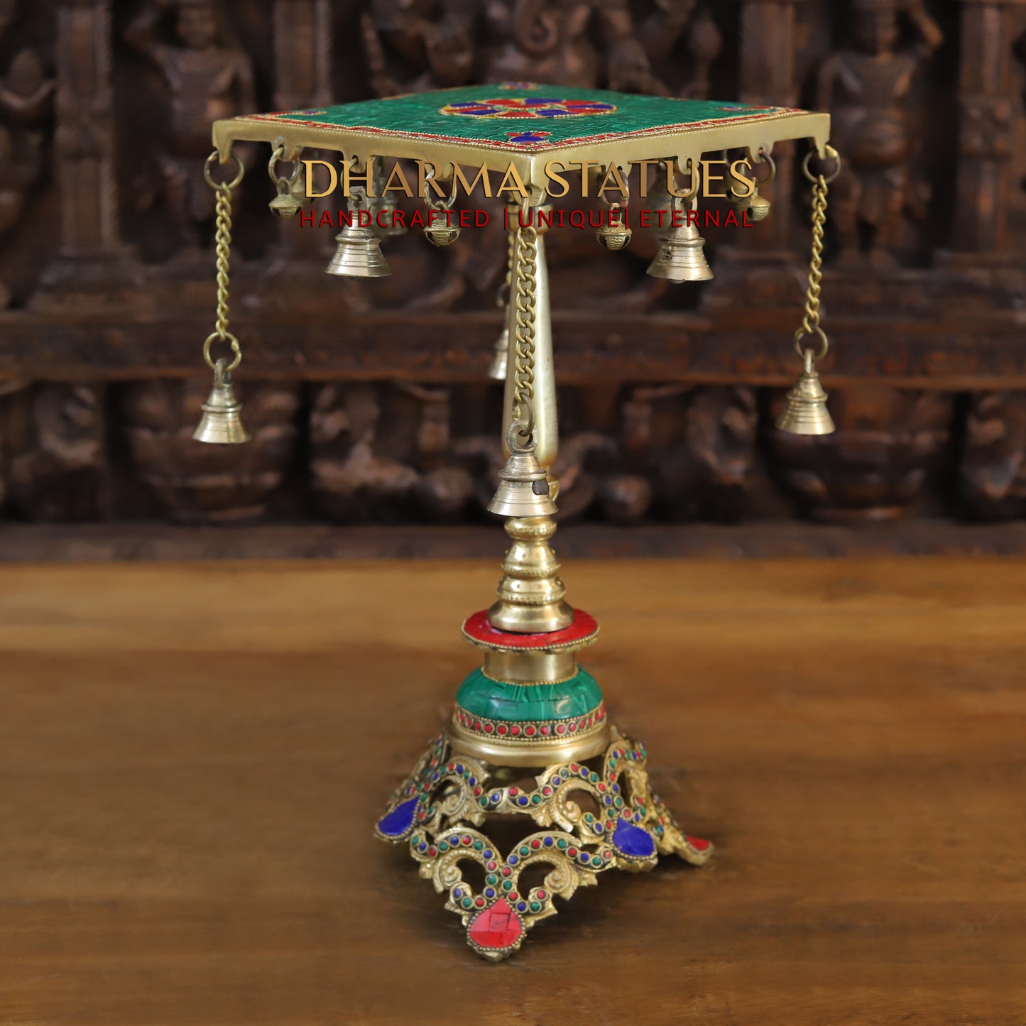 Brass Table with Hanging Bells, Golden & Stonework, 15"
