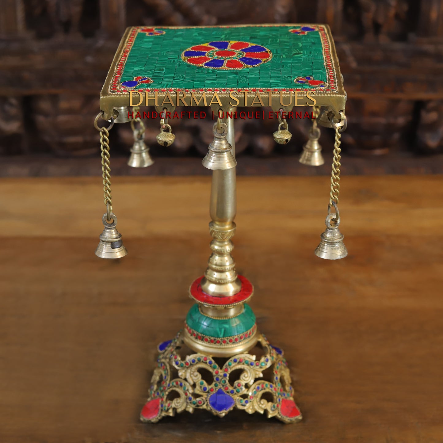 Brass Table with Hanging Bells, Golden & Stonework, 15"
