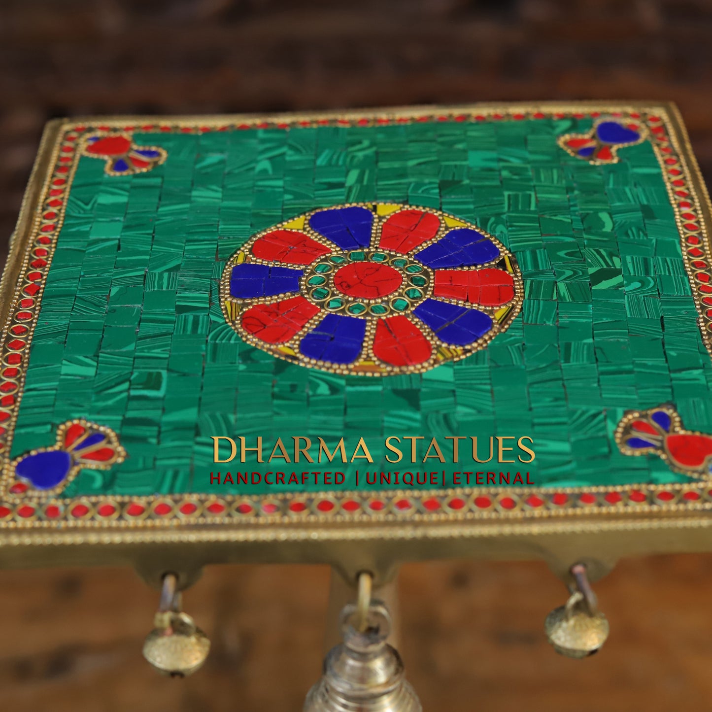 Brass Table with Hanging Bells, Golden & Stonework, 15"