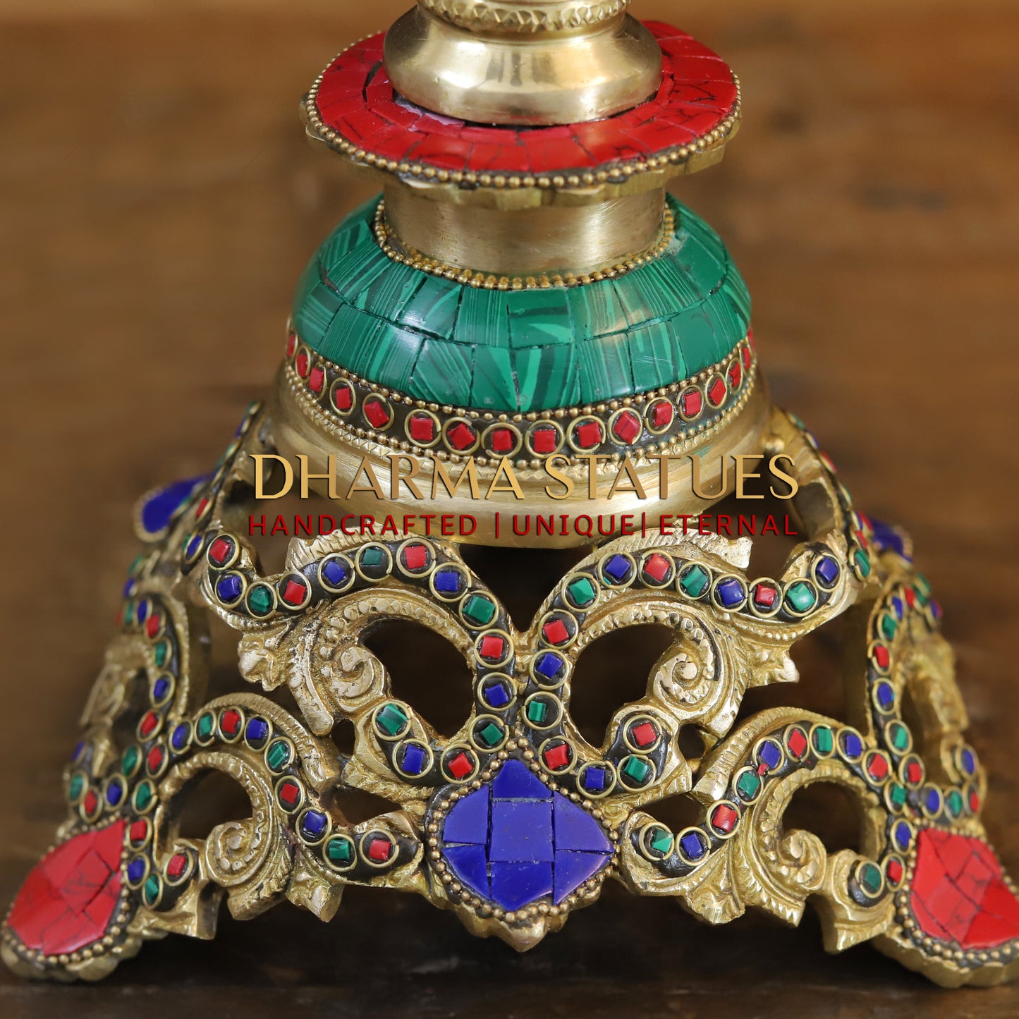 Brass Table with Hanging Bells, Golden & Stonework, 15"