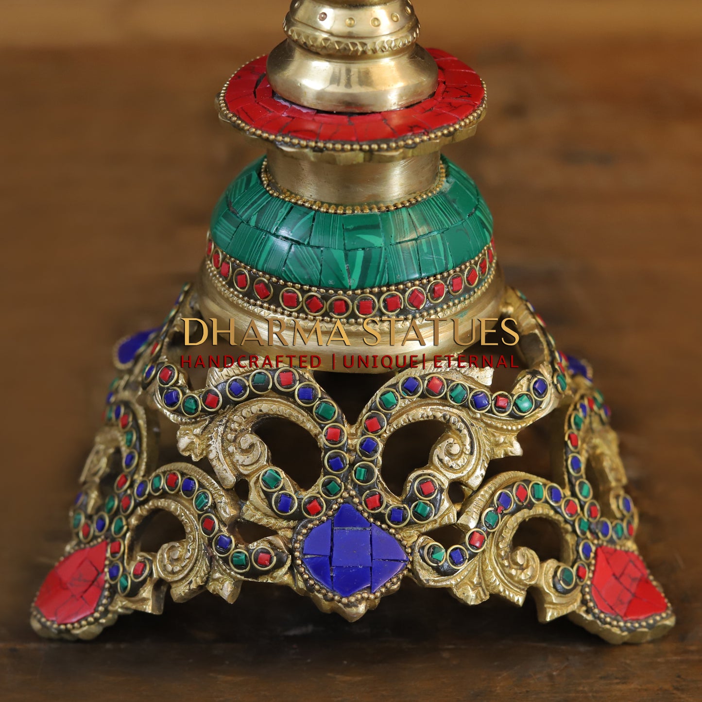 Brass Table with Hanging Bells, Golden & Stonework, 15"
