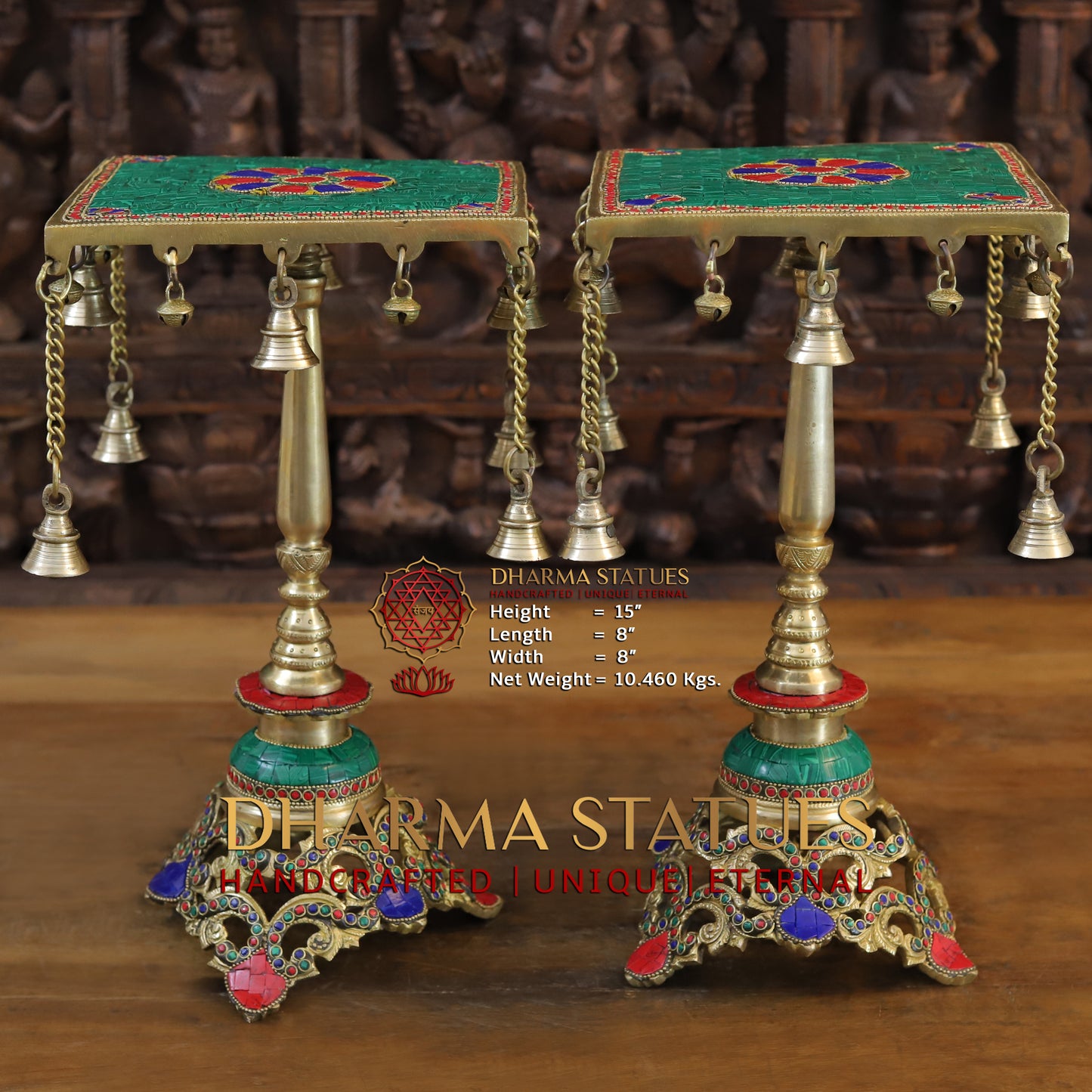 Brass Table with Hanging Bells, Golden & Stonework, 15"