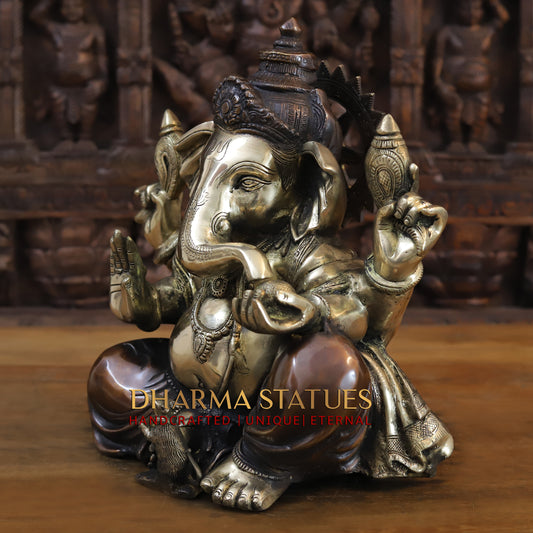 Brass Ganesh seated in Blessing Posture, Golden & Copper Finish, 14"