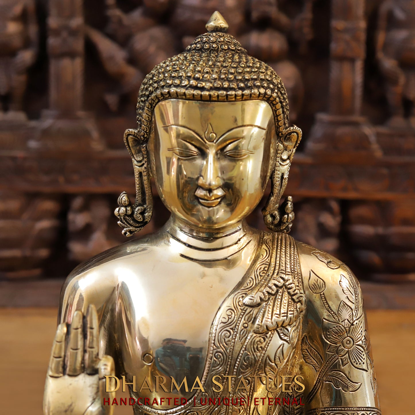 Brass Buddha seated in Blessing Posture, Golden Finish, 14"