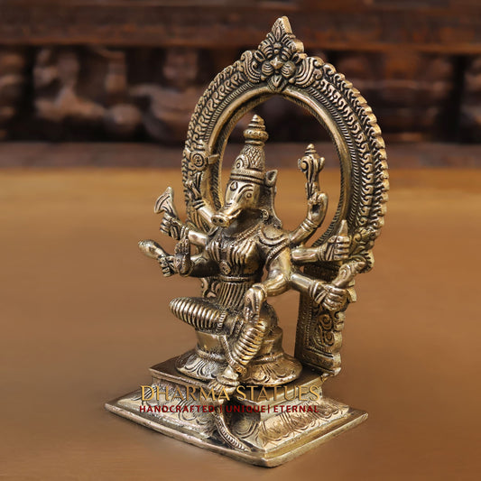 Brass Varaha (Lord Vishnu) in Seated Posture with Frame Behind Him. 8"