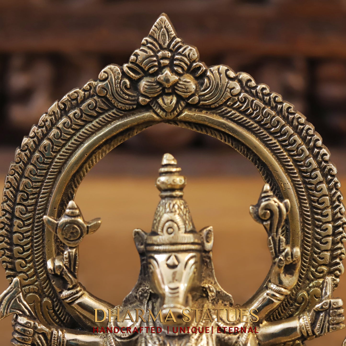 Brass Varaha (Lord Vishnu) in Seated Posture with Frame Behind Him. 8"