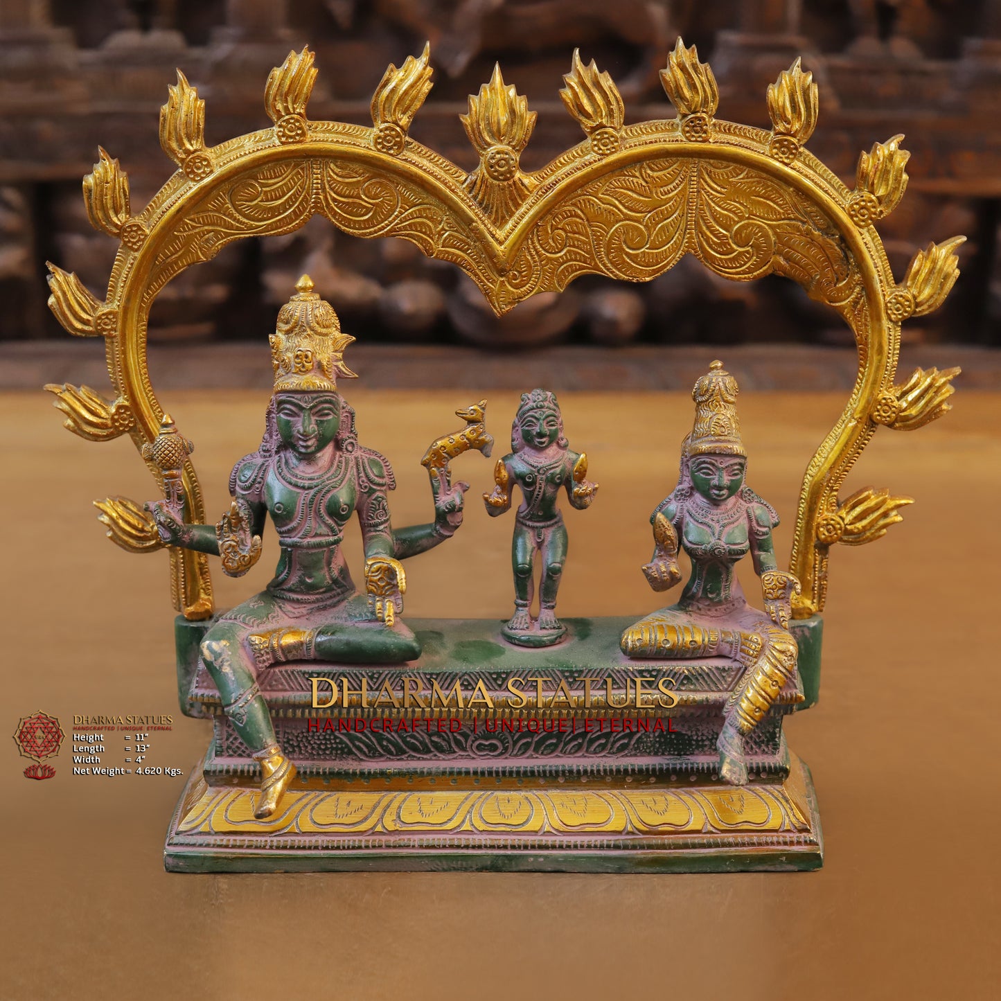 Brass Somaskandar, Shiva, Devi Parvati with Kartikeya, Golden & Green Patina Finish, 11"