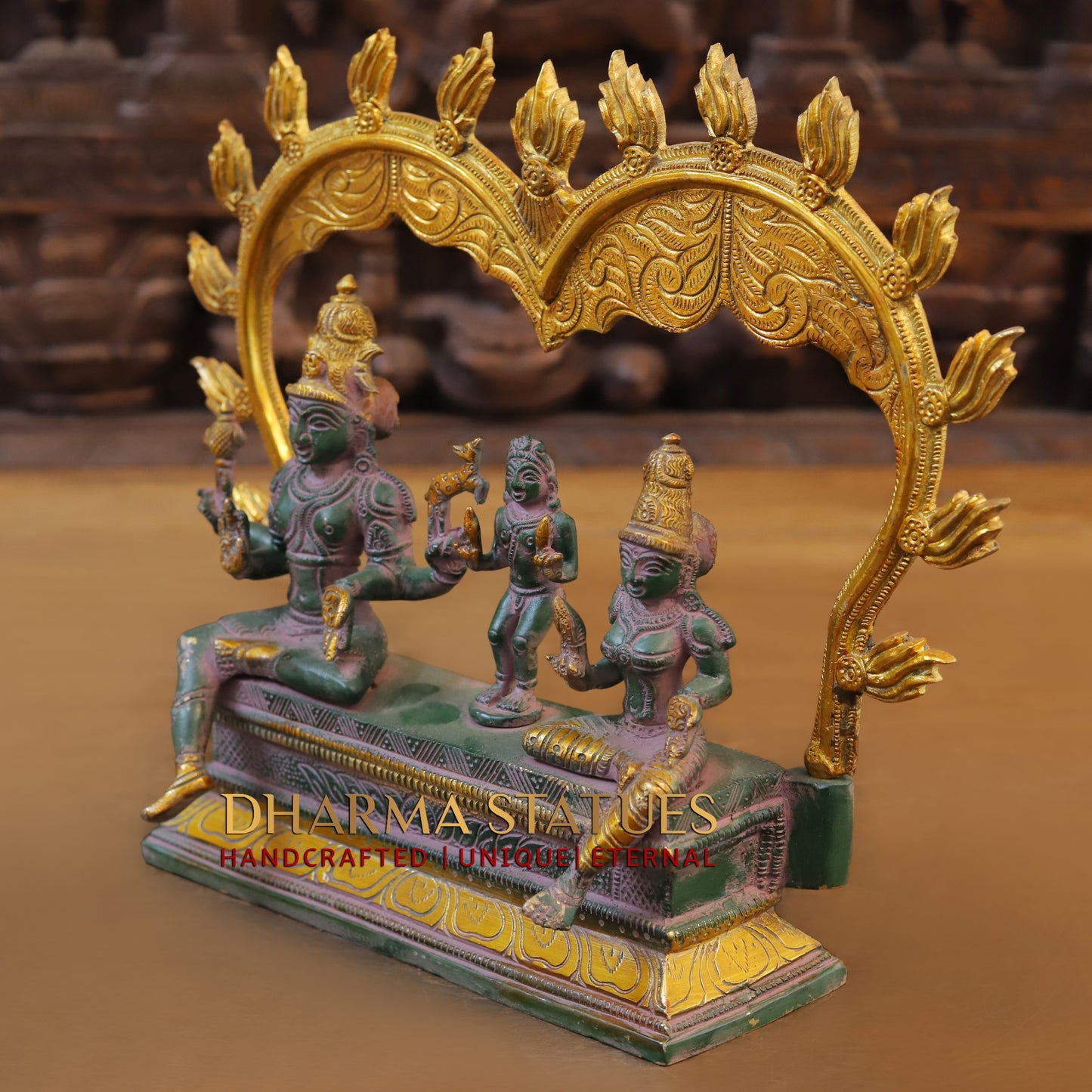 Brass Somaskandar, Shiva, Devi Parvati with Kartikeya, Golden & Green Patina Finish, 11"