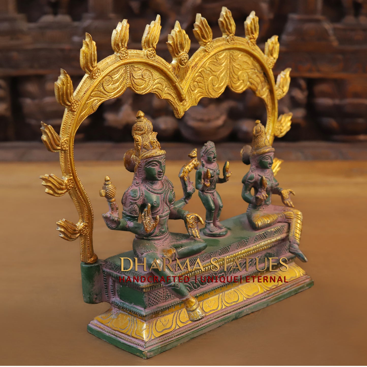 Brass Somaskandar, Shiva, Devi Parvati with Kartikeya, Golden & Green Patina Finish, 11"