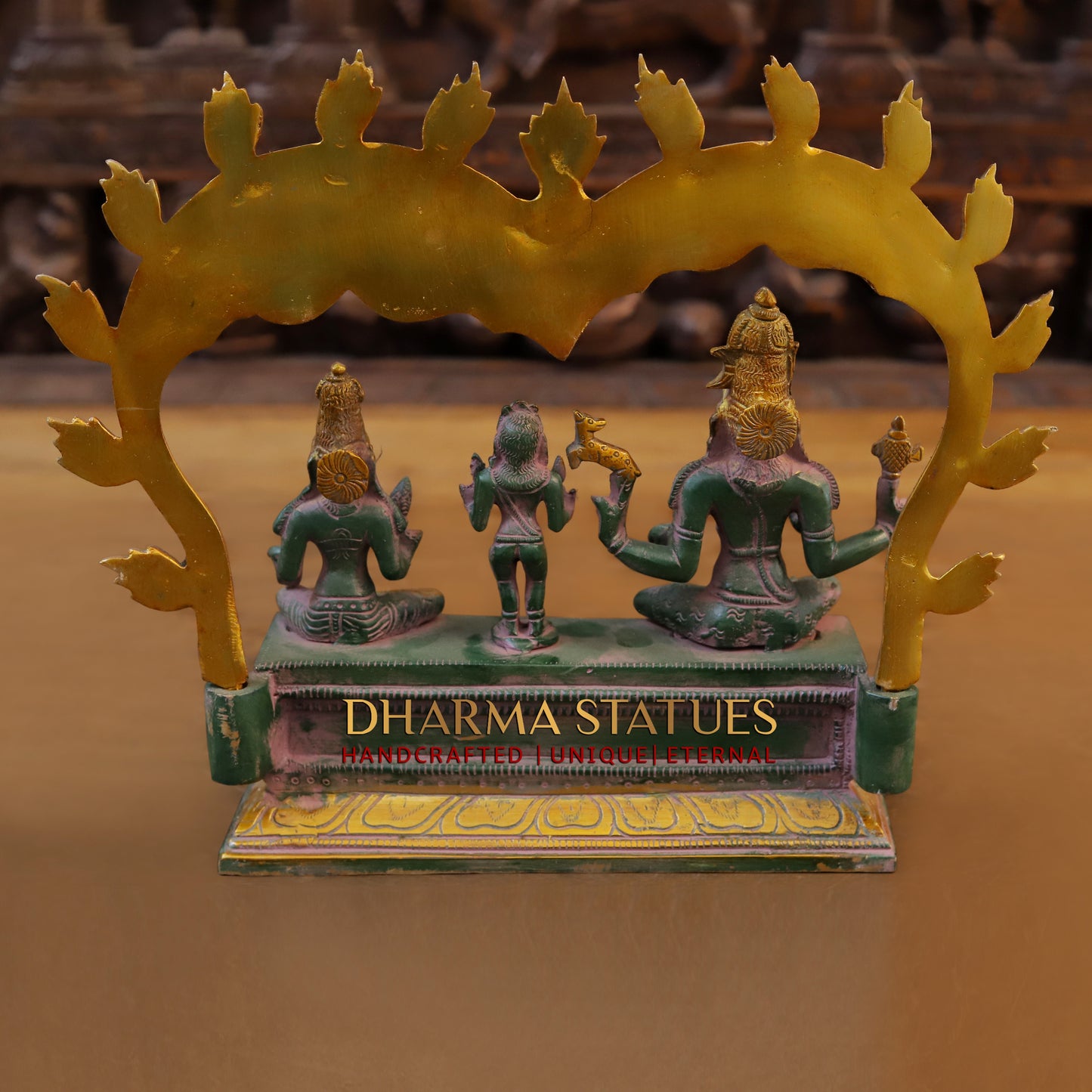 Brass Somaskandar, Shiva, Devi Parvati with Kartikeya, Golden & Green Patina Finish, 11"