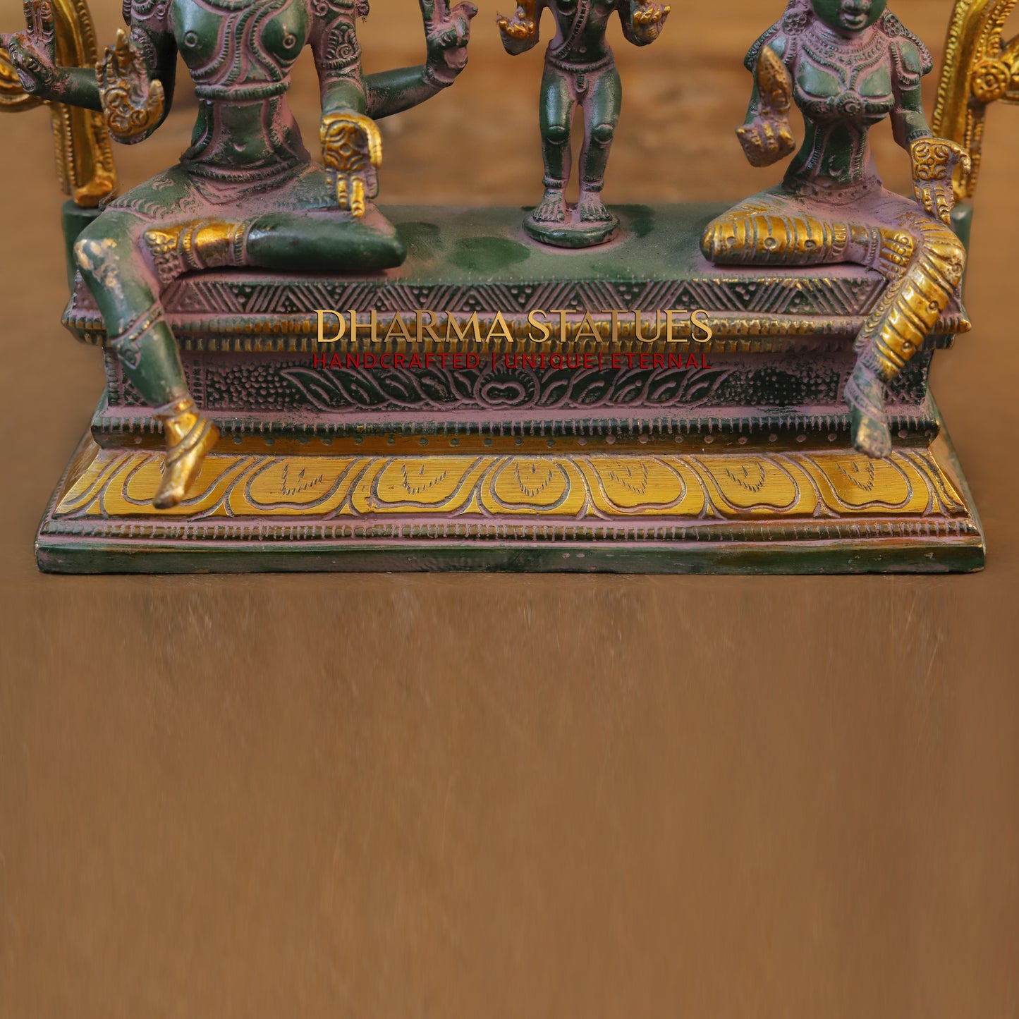 Brass Somaskandar, Shiva, Devi Parvati with Kartikeya, Golden & Green Patina Finish, 11"