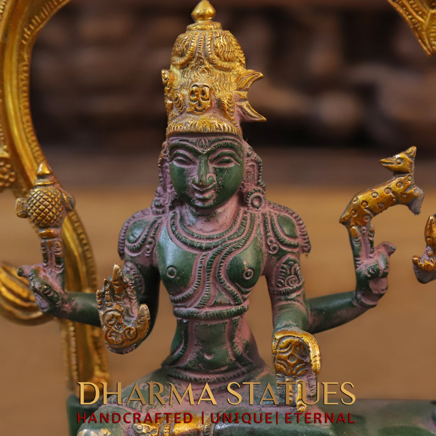 Brass Somaskandar, Shiva, Devi Parvati with Kartikeya, Golden & Green Patina Finish, 11"
