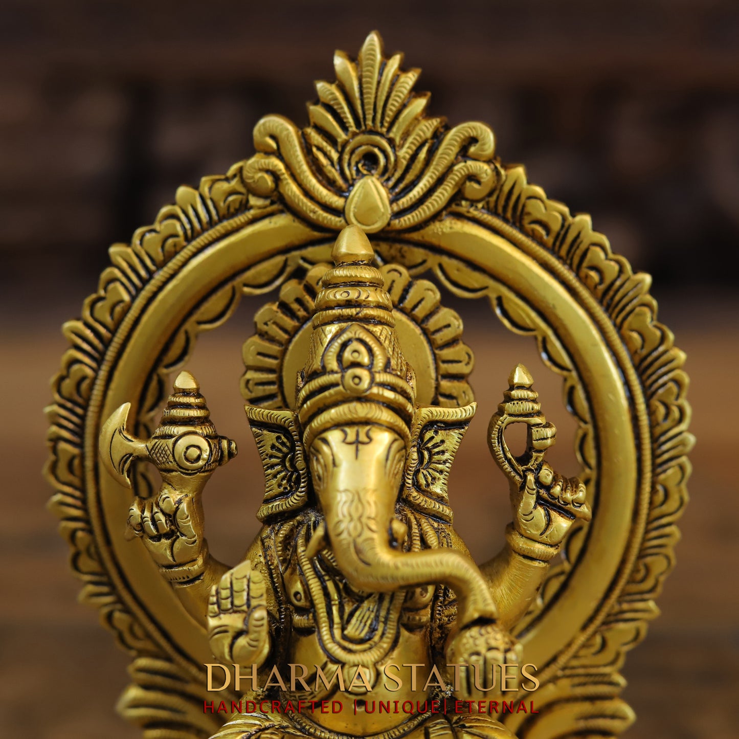 Brass Ganesh Laxmi, Seated on Carved Throne, Gold Finish, 7.5"