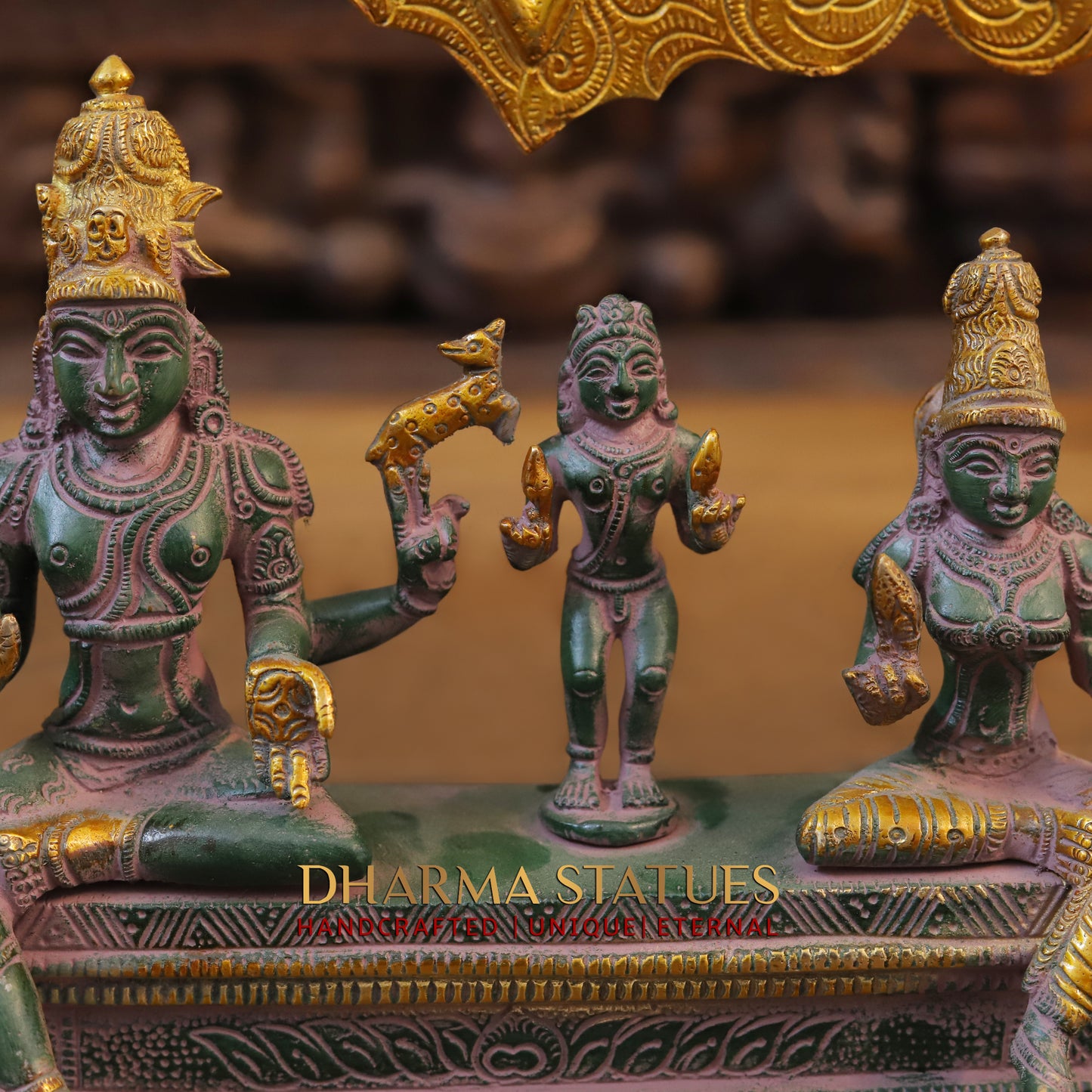 Brass Somaskandar, Shiva, Devi Parvati with Kartikeya, Golden & Green Patina Finish, 11"