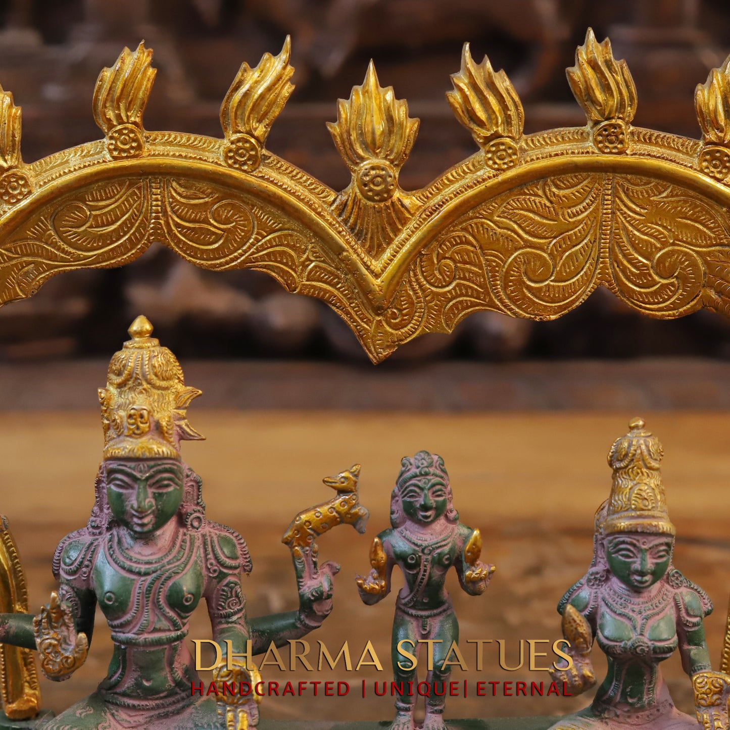 Brass Somaskandar, Shiva, Devi Parvati with Kartikeya, Golden & Green Patina Finish, 11"