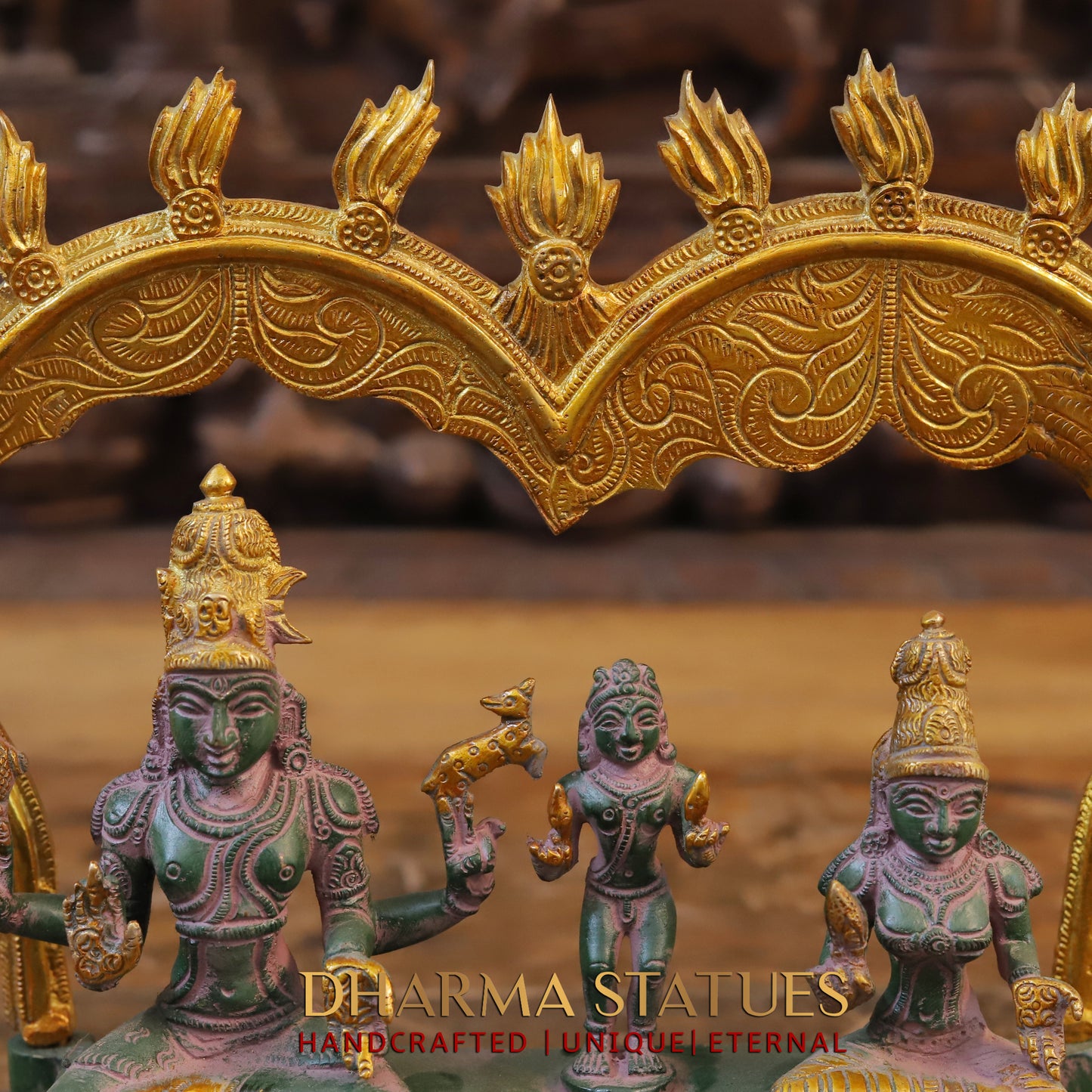 Brass Somaskandar, Shiva, Devi Parvati with Kartikeya, Golden & Green Patina Finish, 11"