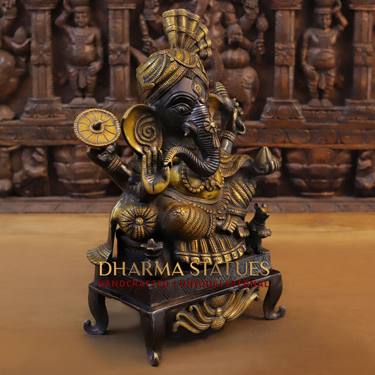 Brass Ganesh Seated With Turban, Black Gold, 16.5"
