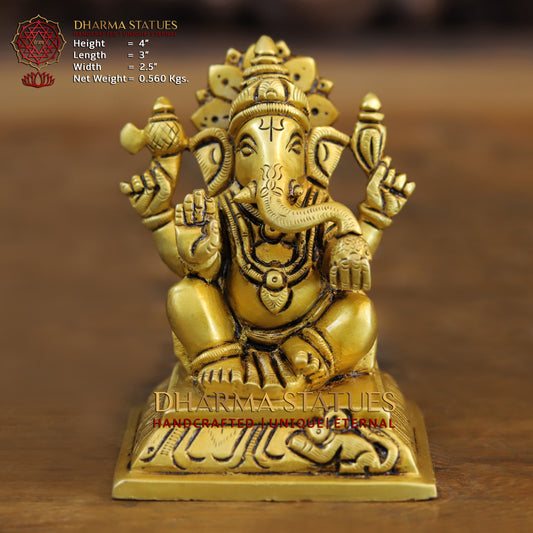 Brass Ganesh seated in Blessing Posture, Fine Golden Finish, 4