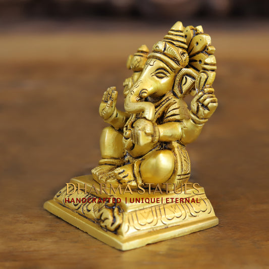 Brass Ganesh seated in Blessing Posture, Fine Golden Finish, 4