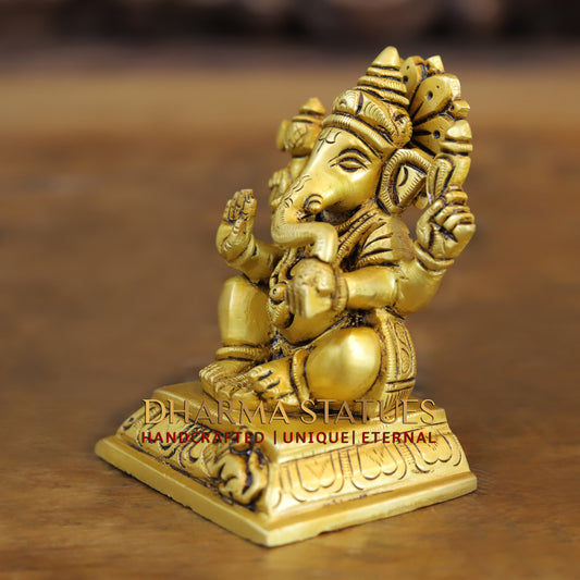 Brass Ganesh & Lakshmi seated in Blessing Posture, Golden Finish, 4"