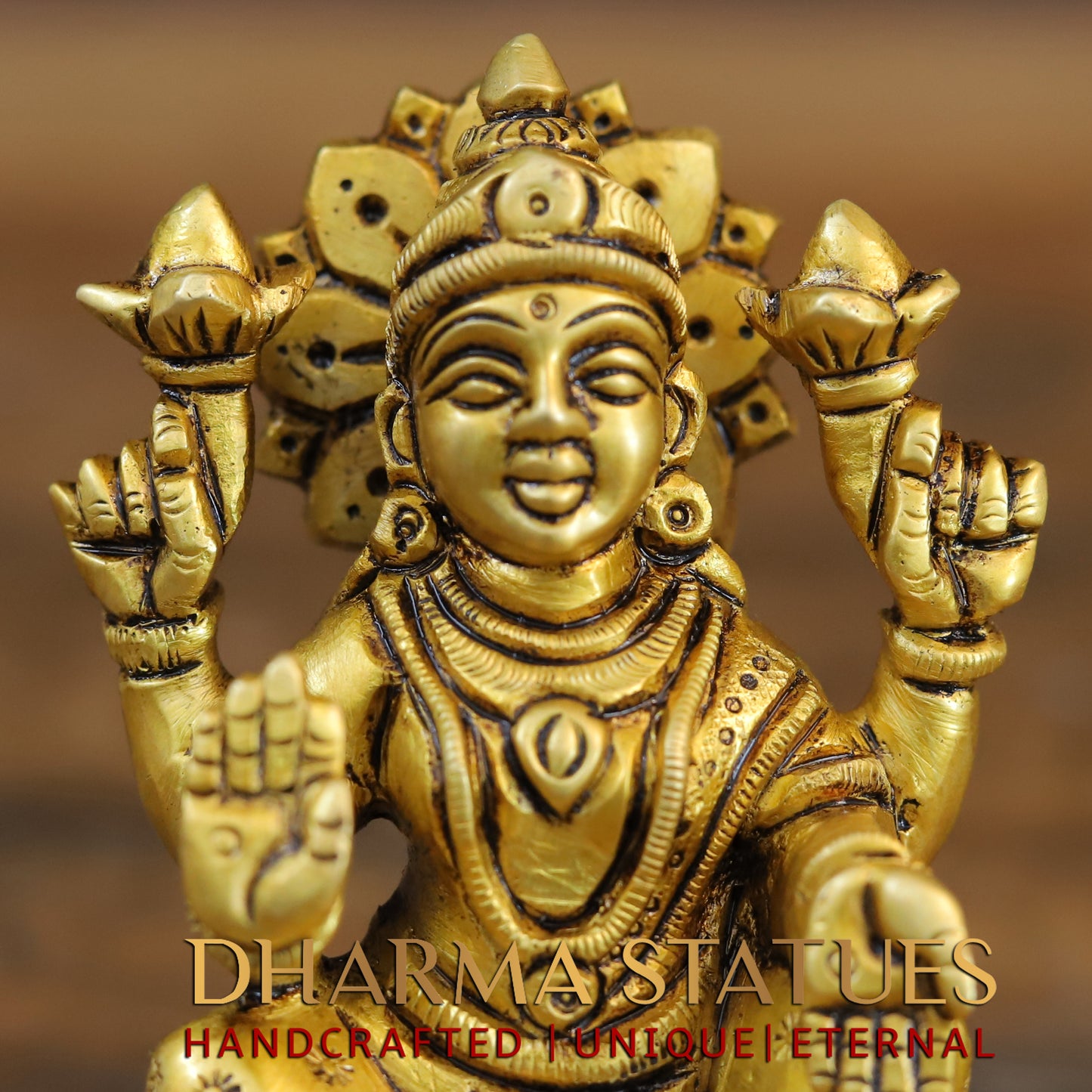 Brass Lakshmi seated in Blessing Posture, Golden Finish, 4"