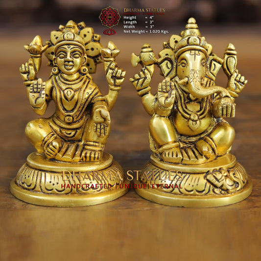 Brass Ganesh & Lakshmi seated in Blessing Posture, Golden Finish, 4"