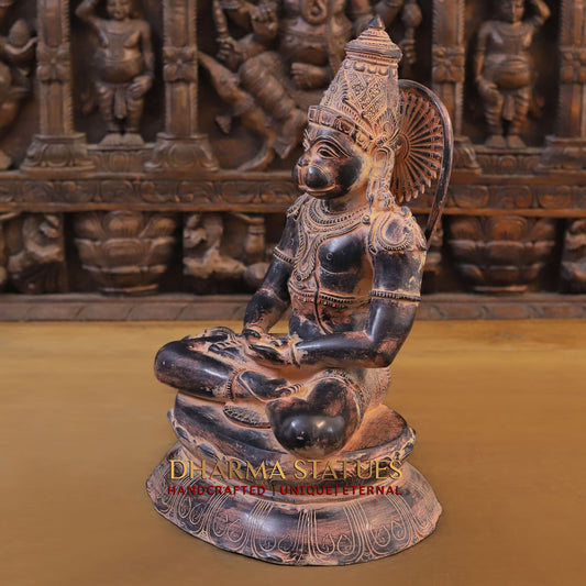 Brass Hanuman Statue in Meditative Pose - Orange Patina Finish, 16"