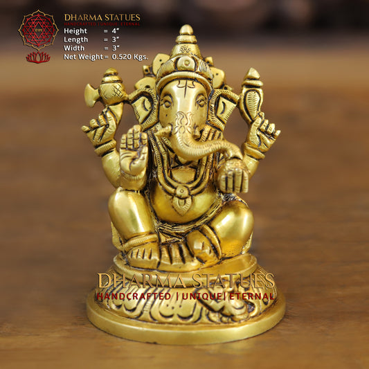 Brass Ganesh seated in Blessing Posture, Golden Finish, 4"