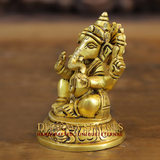 Brass Ganesh seated in Blessing Posture, Golden Finish, 4"