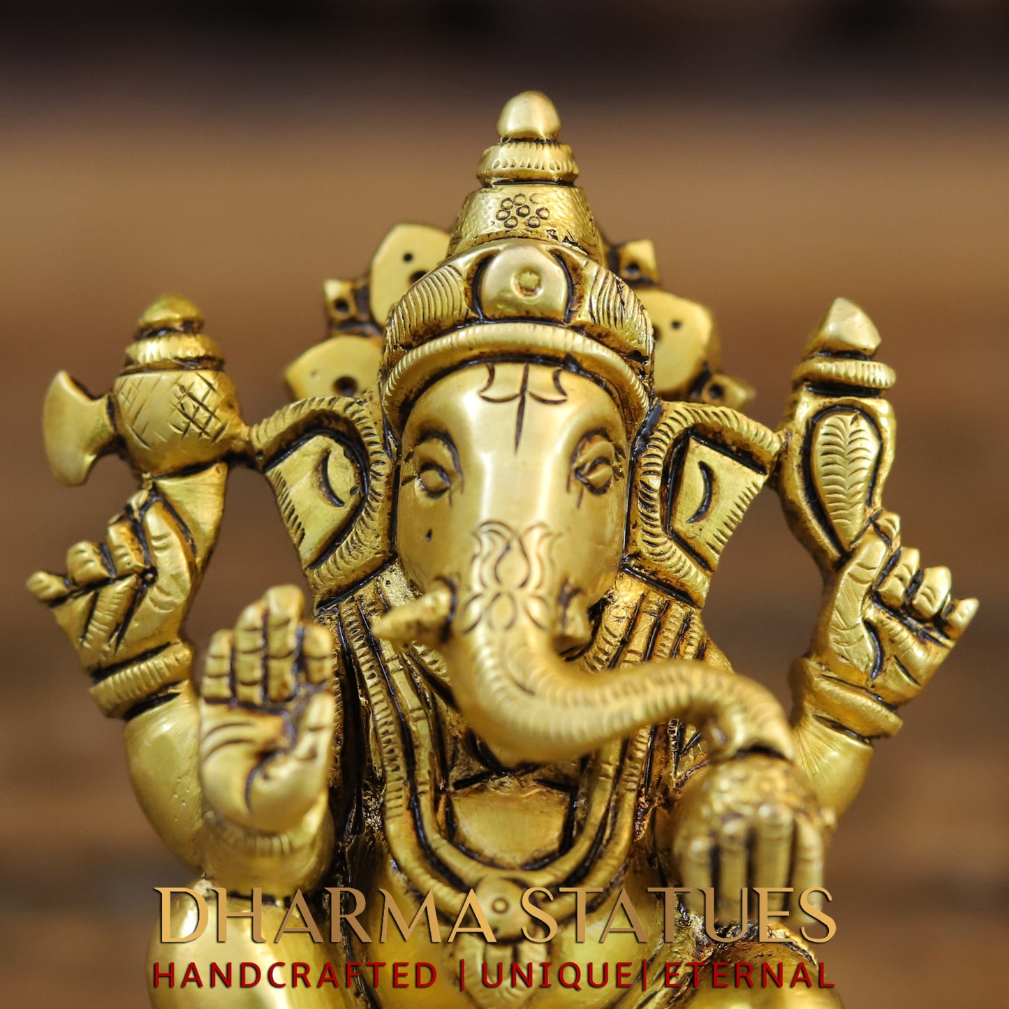 Brass Ganesh & Lakshmi seated in Blessing Posture, Golden Finish, 4"