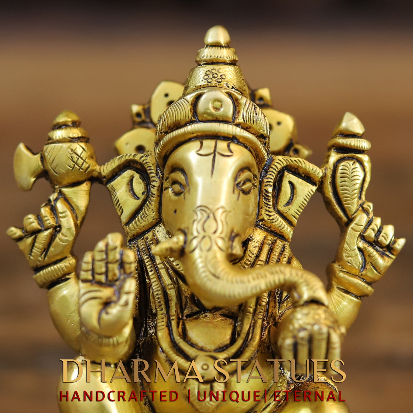 Brass Ganesh seated in Blessing Posture, Golden Finish, 4"