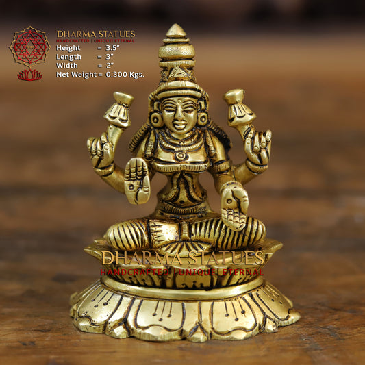 Brass Lakshmi seated in Blessing Posture, Golden Finish, 3.5"