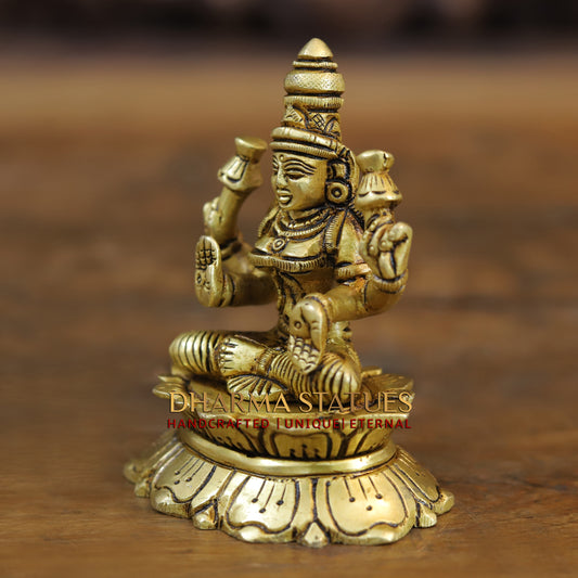 Brass Lakshmi seated in Blessing Posture, Golden Finish, 3.5"