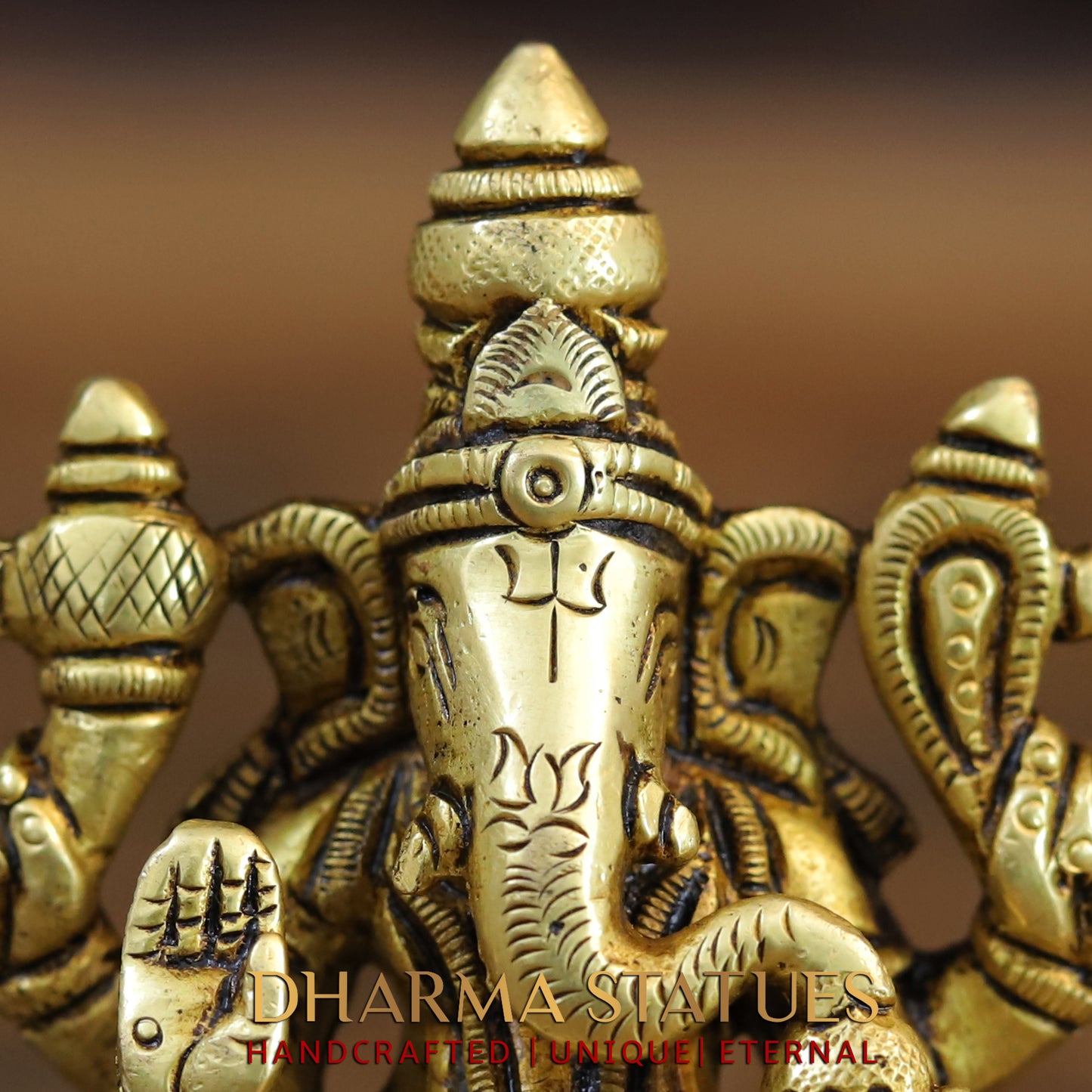 Brass Saraswati, Lakshmi and Ganesh seated on a Lotus, Golden Finish, 3.5"