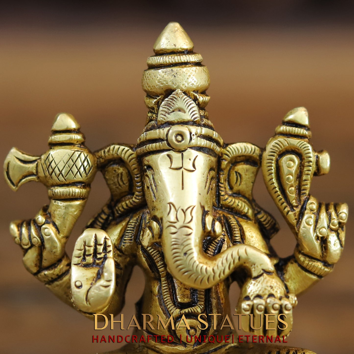 Brass Ganesh seated in Blessing Posture, Golden Finish, 3.5"
