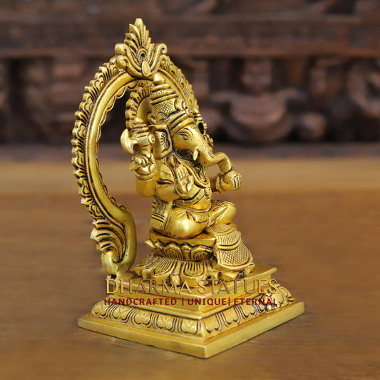 Brass Ganesh seated with Frame, Golden Finish, 7.5"
