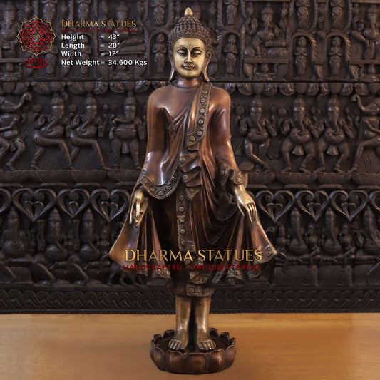 Brass Buddha Statue, Standing on a Lotus, Copper Finish 43"